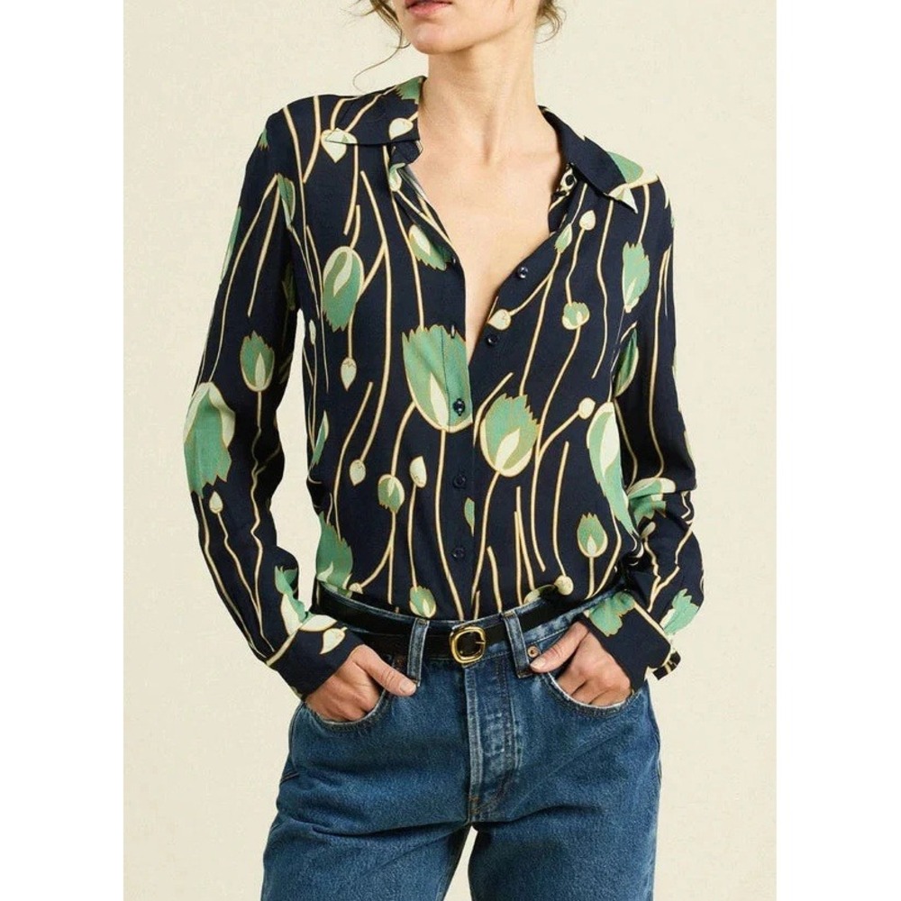 Trovata Birds of Paradis Button Up XS Navy Jacquelin Shirt Jade Tulip Preppy